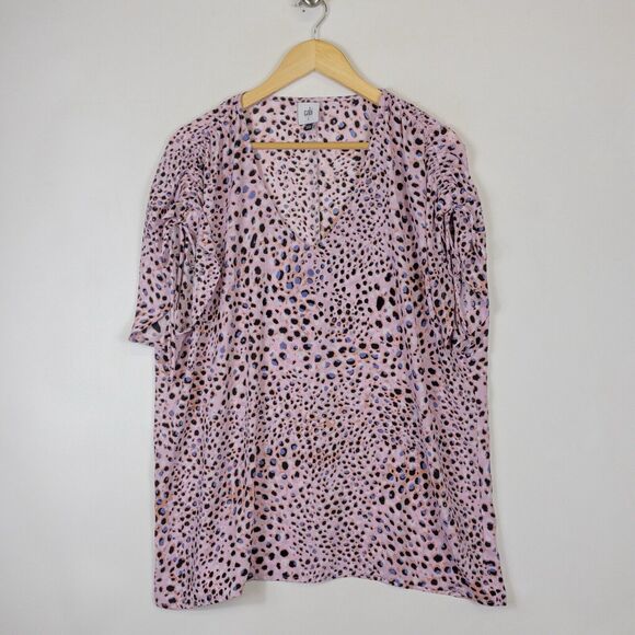 Cabi Black Pink Chiffon Leopard Print Short Ruched Sleeve Blouse Top Women Small - Picture 1 of 6